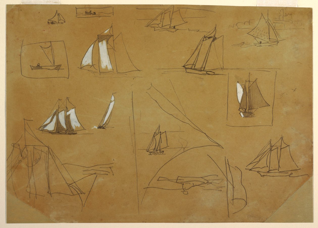 Piirustus, Luonnoksia purjeveneistä, Cullercoats, Englanti, 1881-82. tekijältä Winslow Homer