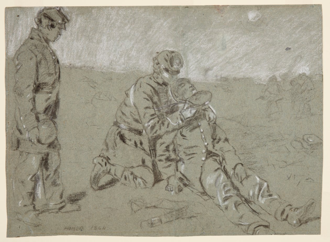 Piirros, sotilas antaa vettä haavoittuneelle toverilleen, 1864 tekijältä Winslow Homer