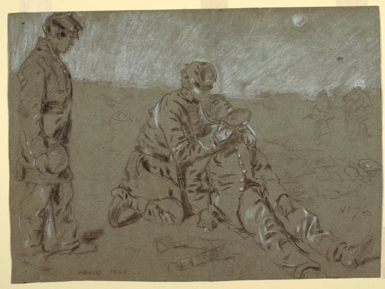 Piirros, sotilas antaa vettä haavoittuneelle toverilleen, 1864 tekijältä Winslow Homer