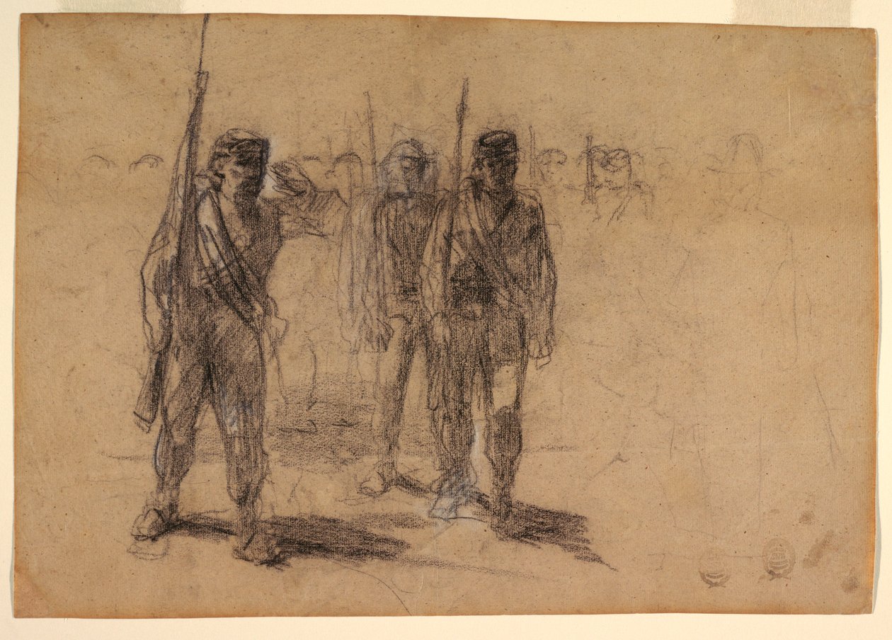 Piirros, Sotilaat puurtavat, luultavasti 1864 tekijältä Winslow Homer