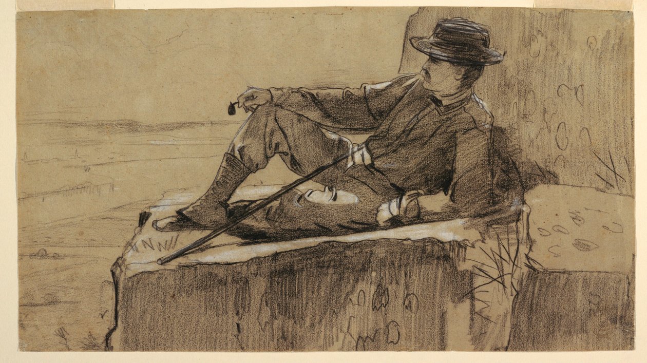 Piirustus, luonnos "Vuorikiipeilijä lepää", 1868-69. tekijältä Winslow Homer