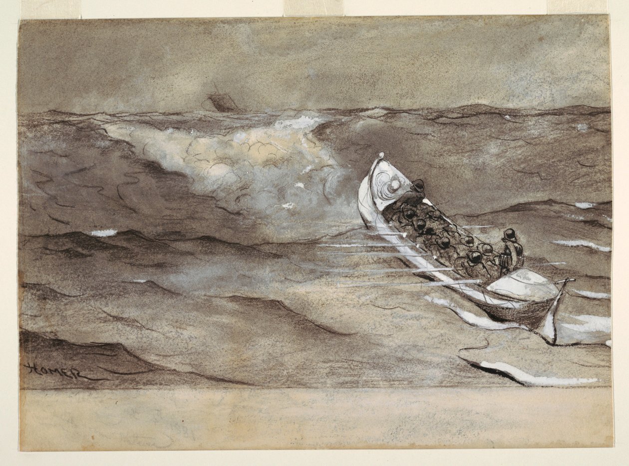 Piirros, Pelastuslaiva, akvarelli, "Rautakruunun hylky", 1881. tekijältä Winslow Homer
