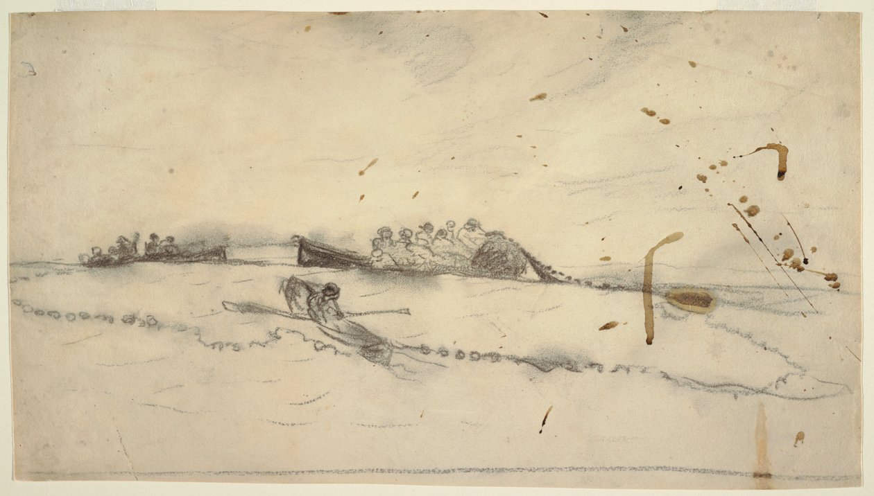 Piirros, Kolme venettä ja kalastajia asettamassa verkkoa, 1881-82 tekijältä Winslow Homer