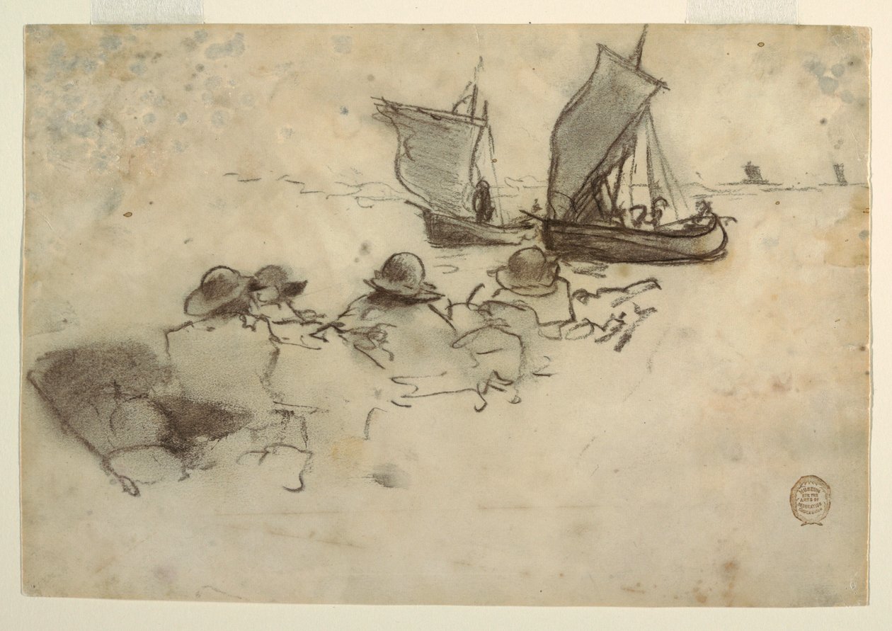 Piirustus, Kaksi kalastusvenettä purjeineen, Cullercoats, Englanti, 1881-82. tekijältä Winslow Homer