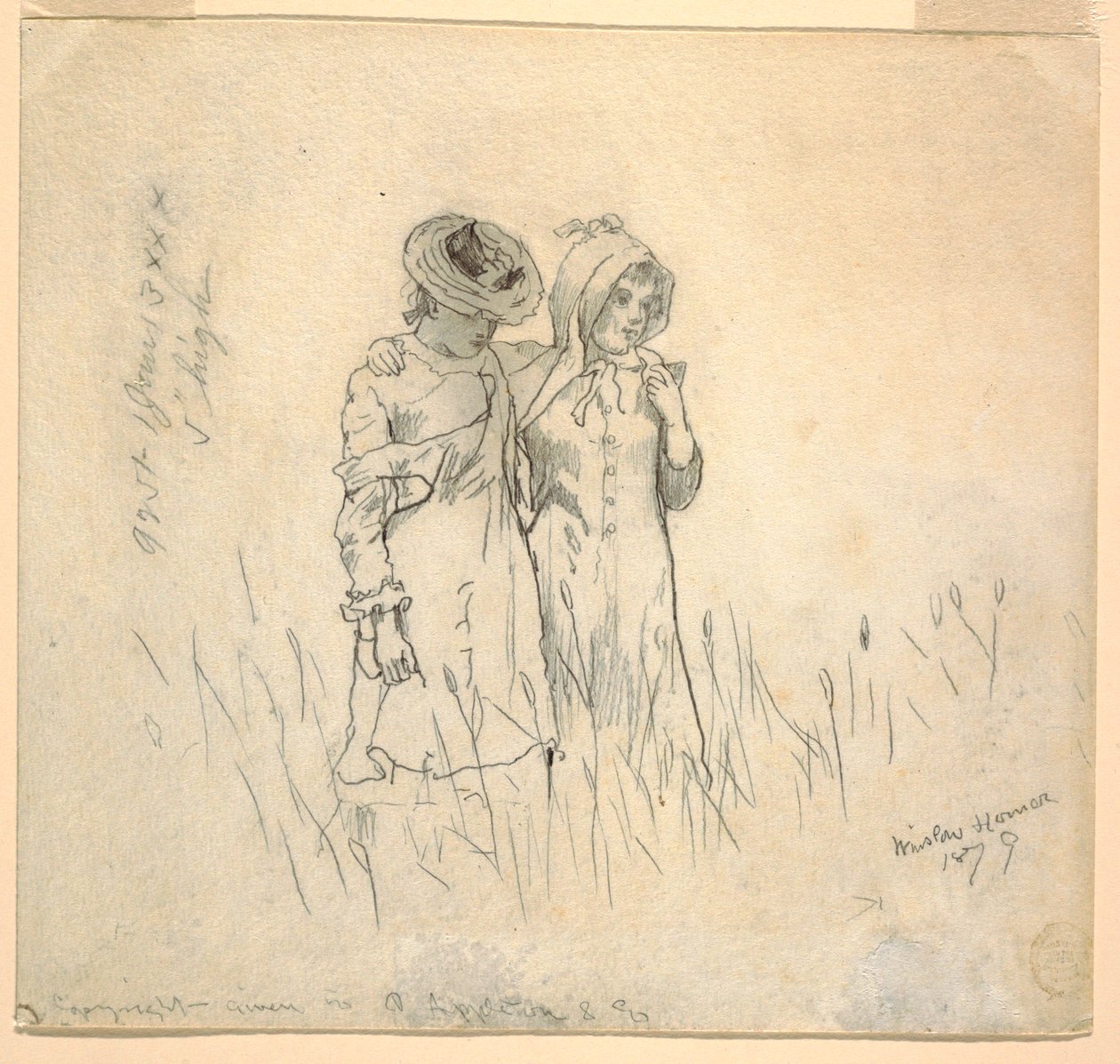 Piirros, Kaksi tyttöä pellolla, 1879 tekijältä Winslow Homer