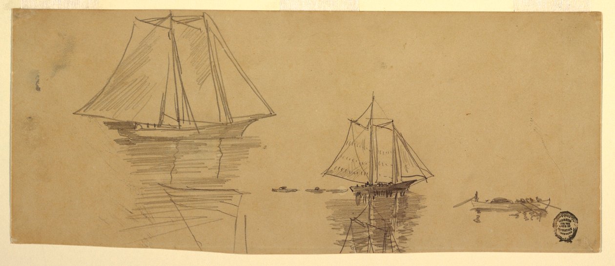 Piirros, Kaksi kuunaria ja laivoja, n. 1880. tekijältä Winslow Homer