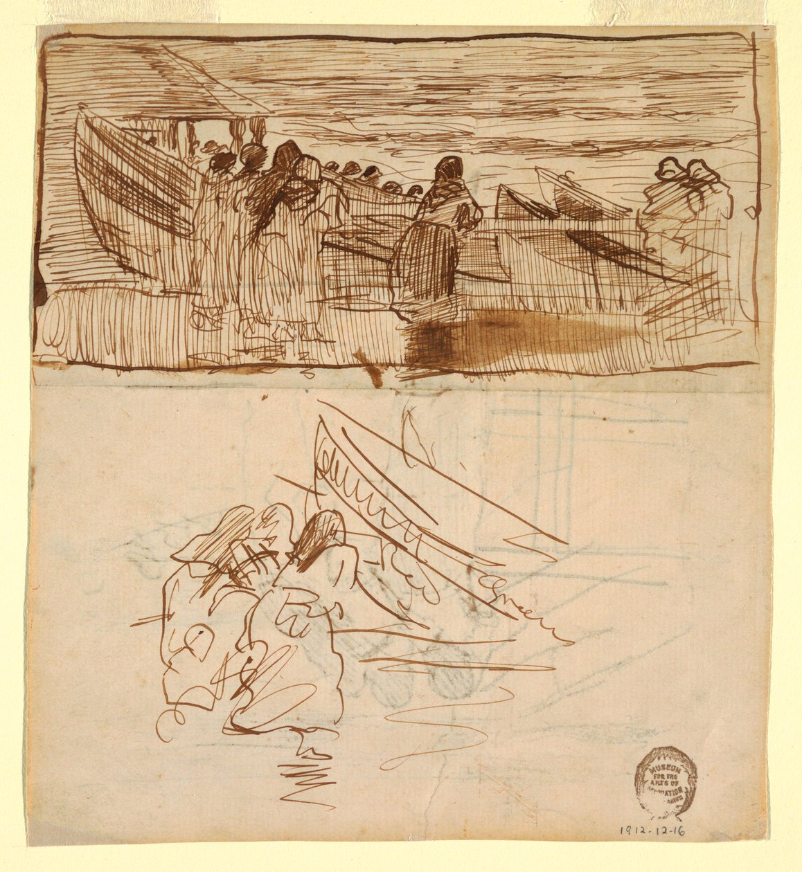 Piirros, Kaksi tutkimusta naisista katsomassa veneiden vesillelaskua, Cullercoats, Englanti, 1881. tekijältä Winslow Homer