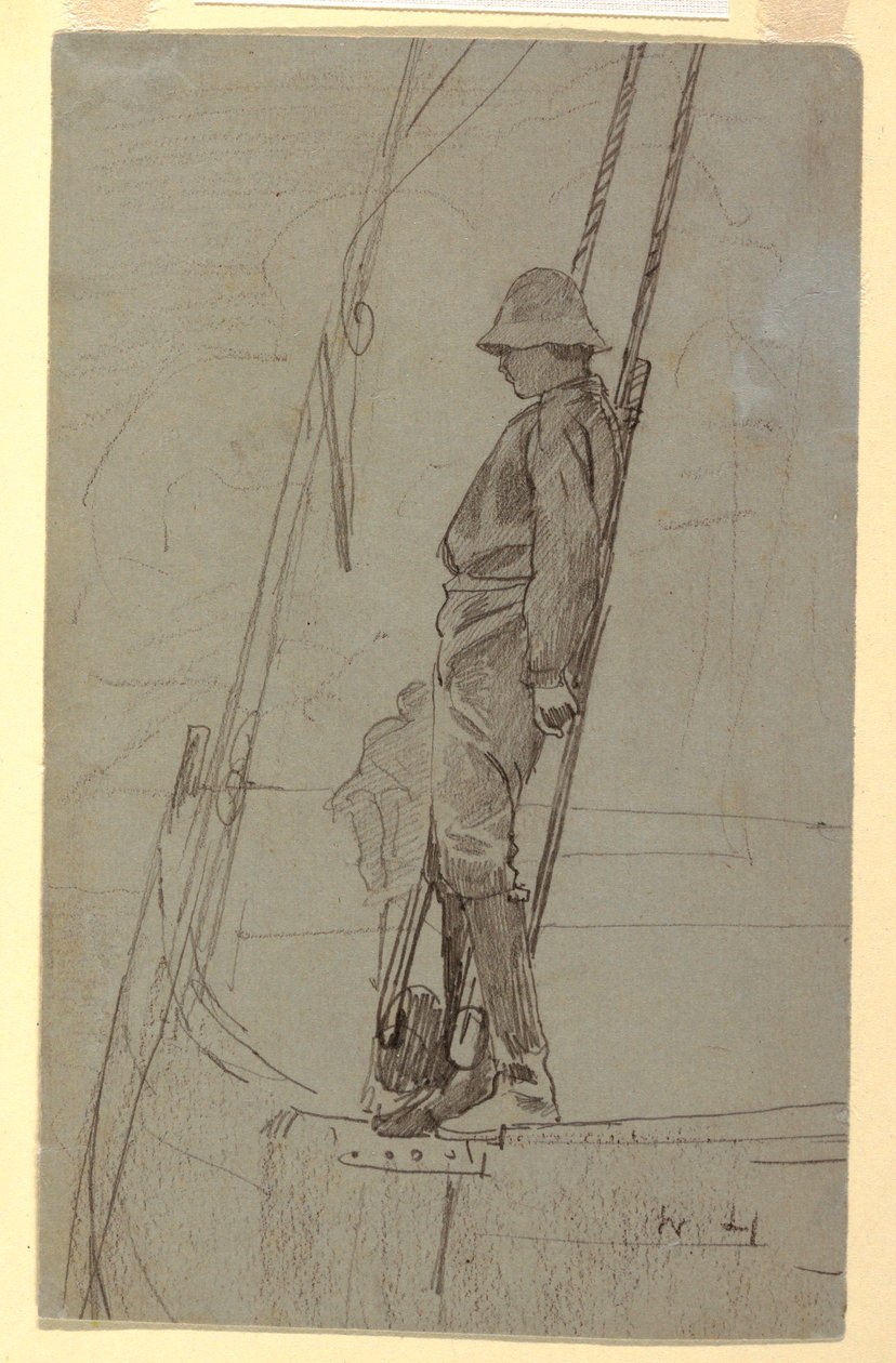 Piirros, Nuori mies nojaa purjeveneen takiloihin, luultavasti 1861-62. tekijältä Winslow Homer