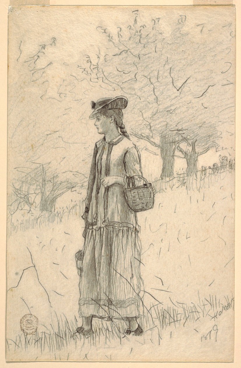 Piirros, Nuori nainen kävelee pellolla, 1879 tekijältä Winslow Homer