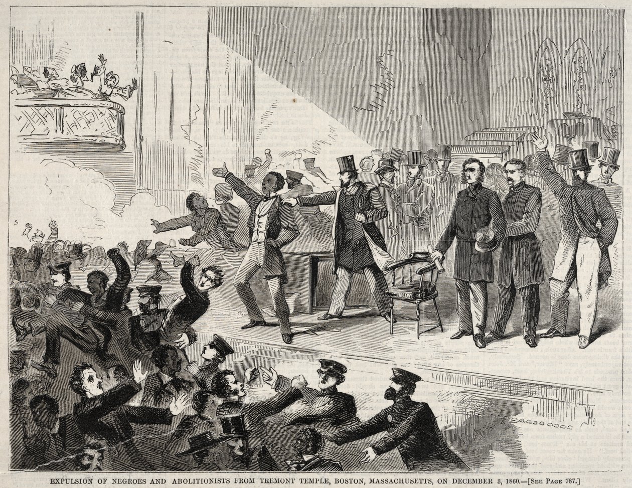 Neekerien ja abolitionistien karkottaminen Tremontin temppelistä Bostonissa, Massachusettsissa, 3. joulukuuta 1860. tekijältä Winslow Homer