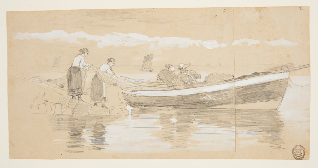 Kalastaja ja naiset varastoivat verkkoja Beached Doryssa, Cullercoatsissa, Englannissa tekijältä Winslow Homer