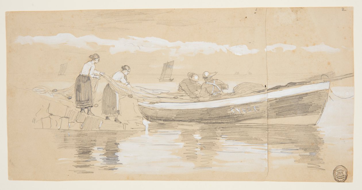 Kalastaja ja naiset varastoivat verkkoja Beached Doryssa, Cullercoatsissa, Englannissa tekijältä Winslow Homer