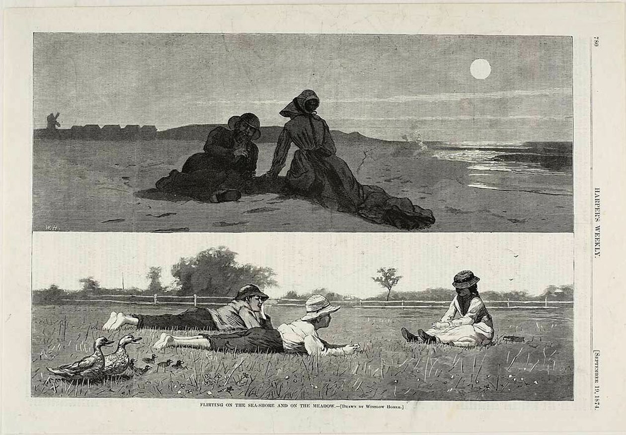 Flirttailua meren rannalla ja niityllä tekijältä Winslow Homer