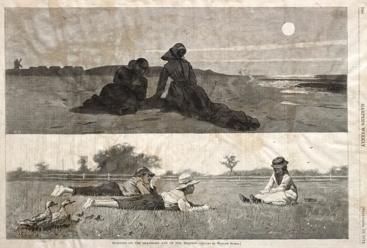 Flirttailu merenrannalla ja niityllä tekijältä Winslow Homer