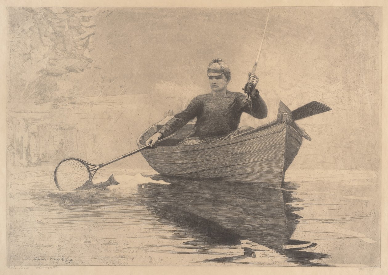 Perhokalastus, Saranac Lake, 1889 tekijältä Winslow Homer