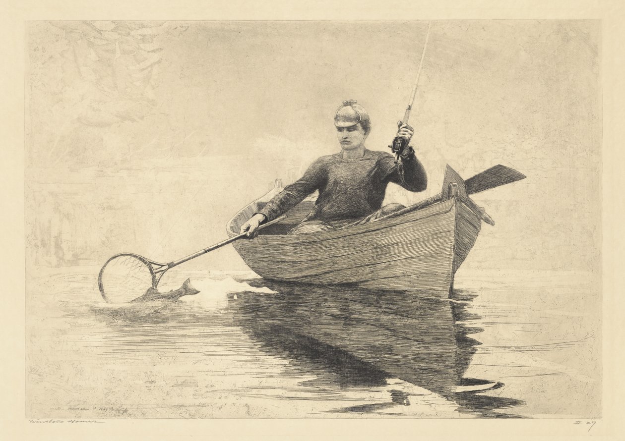 Perhokalastus, Saranac Lake, 1889 tekijältä Winslow Homer