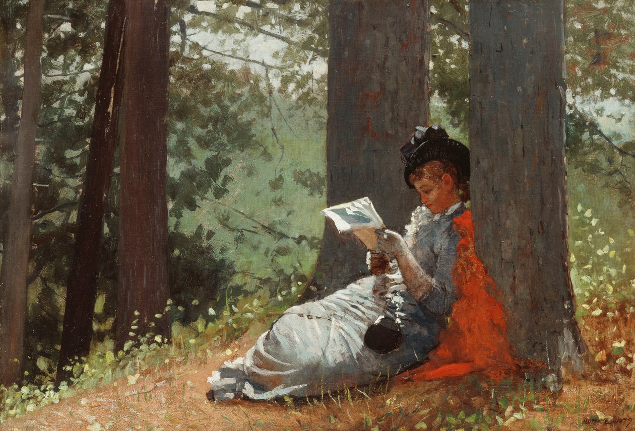 Tyttö lukee tammen alla, 1879 tekijältä Winslow Homer