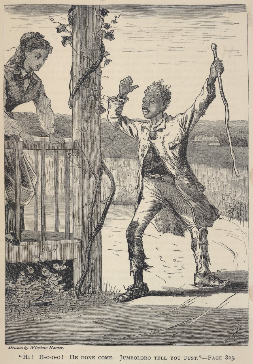 "Hei! H-o-o-o-o! Hän on tullut. Jumboloro Tell You Fust.", The Galaxy, kesäkuu 1869. tekijältä Winslow Homer