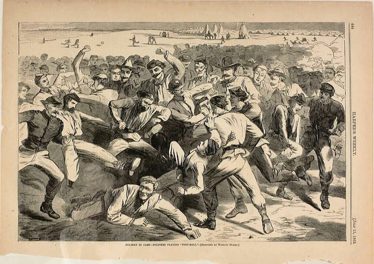 Loma leirillä-sotilaat pelaavat "jalkapalloa" tekijältä Winslow Homer