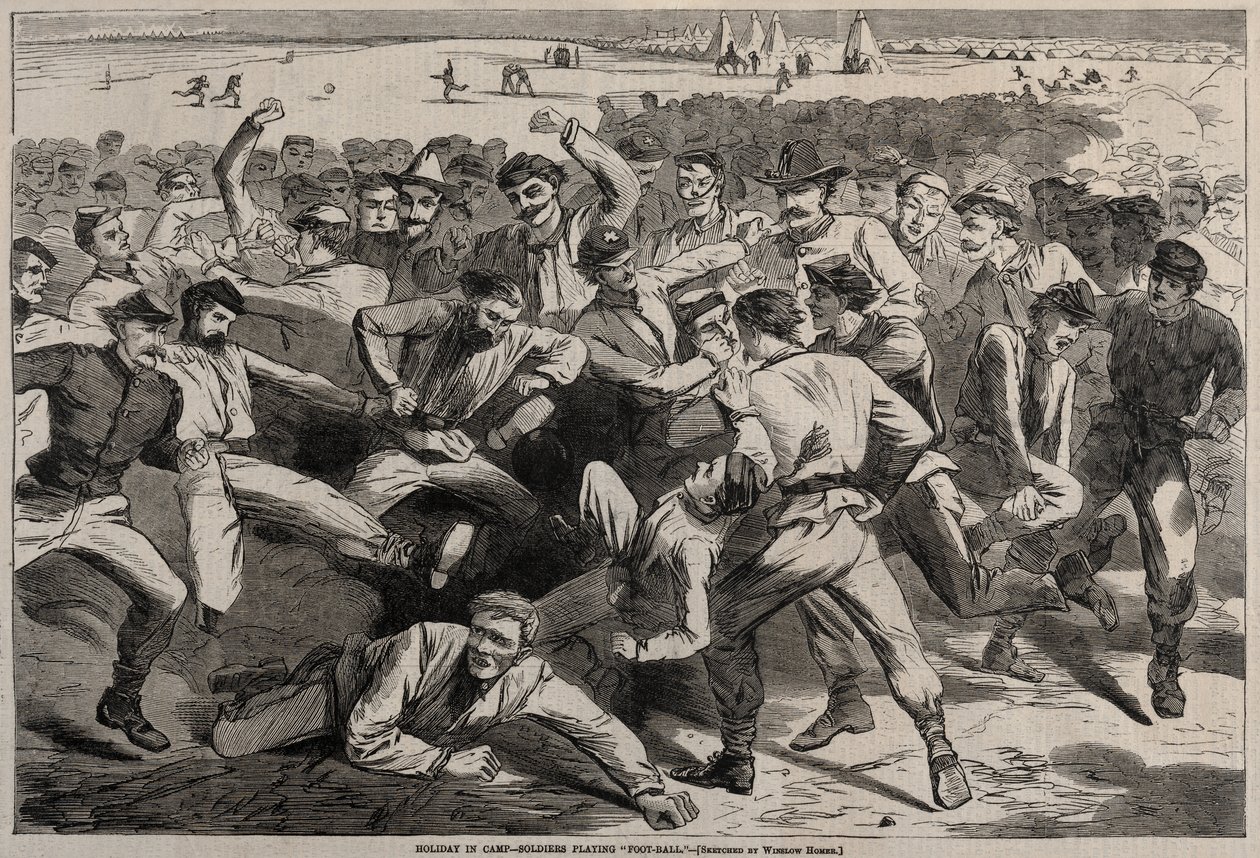 Vapaapäivä leirissä - sotilaat pelaavat "jalkapalloa" tekijältä Winslow Homer