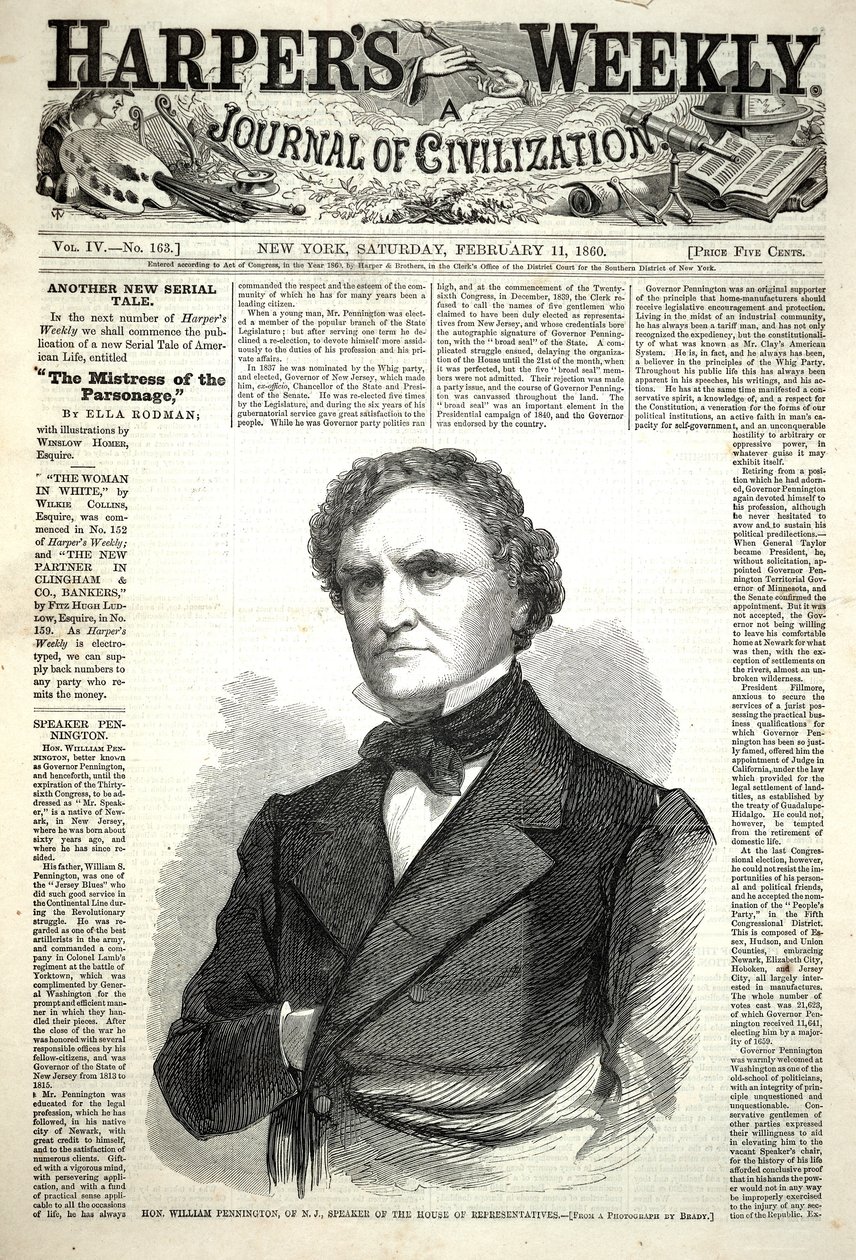 William Pennington New Jerseystä, edustajainhuoneen puhemies, kuvana Harper’s Weekly -lehdestä, 11. helmikuuta 1860 tekijältä Winslow Homer