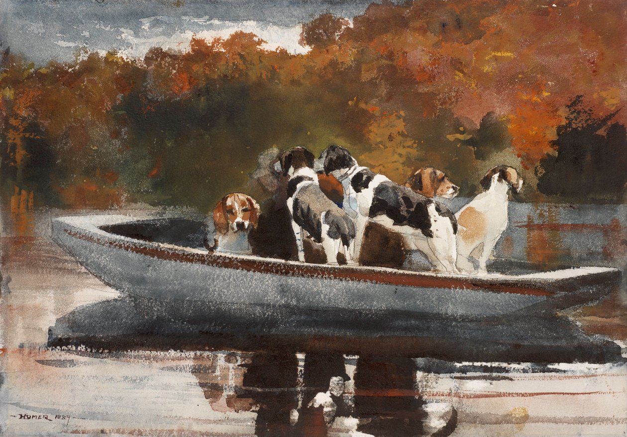 Metsästyskoirat veneessä (odottamassa lähtöä) tekijältä Winslow Homer