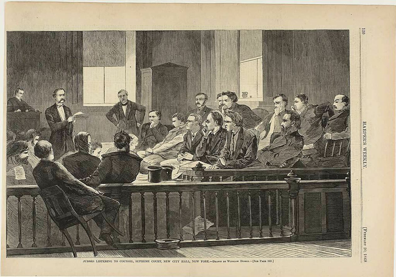 Valamiehiä kuuntelemassa asianajajaa, korkein oikeus, New City Hall, New York tekijältä Winslow Homer