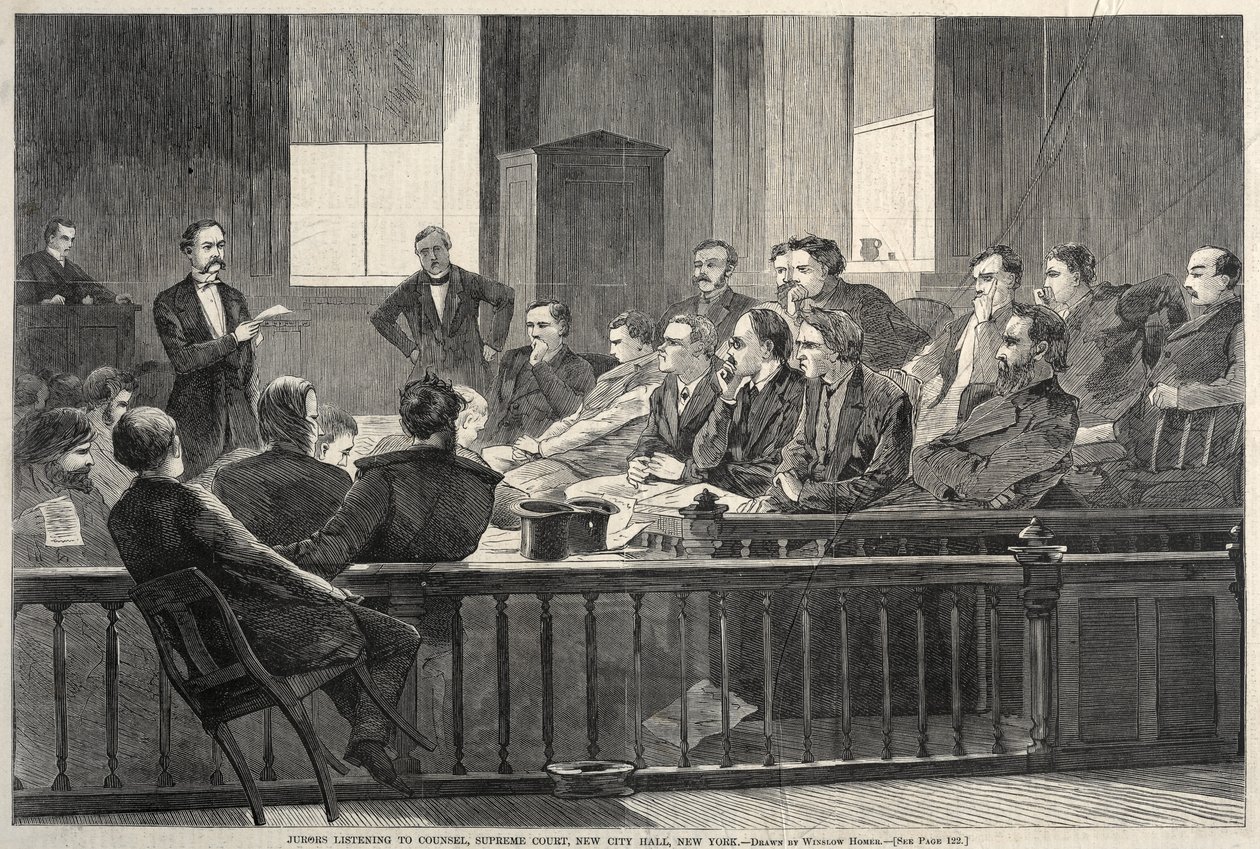 Valatut kuuntelevat asianajajaa, korkein oikeus, New City Hall, New York, 1869. tekijältä Winslow Homer