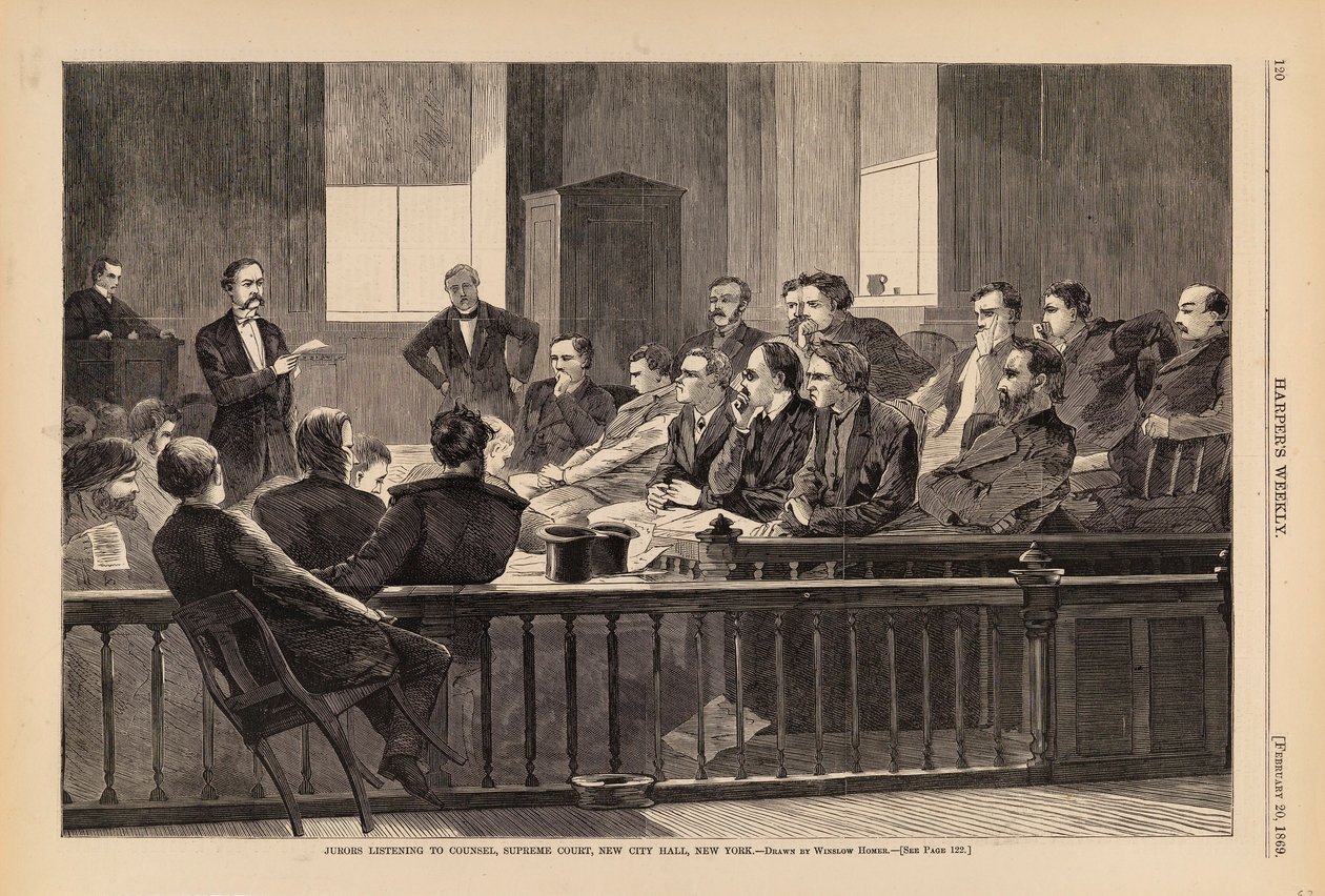Valamiehiä kuuntelemassa asianajajaa, korkein oikeus, New City Hall, New York, Harper