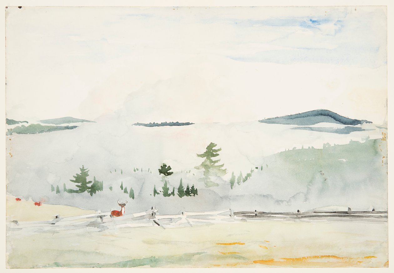 Maisema peuran kanssa aamusumussa tekijältä Winslow Homer