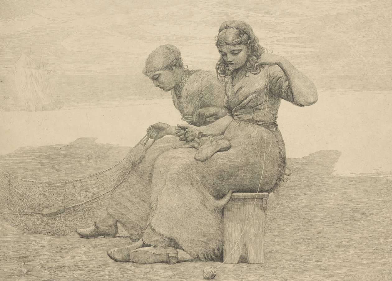 Mending the Tears, 1888, luultavasti painettu noin 1940 tekijältä Winslow Homer