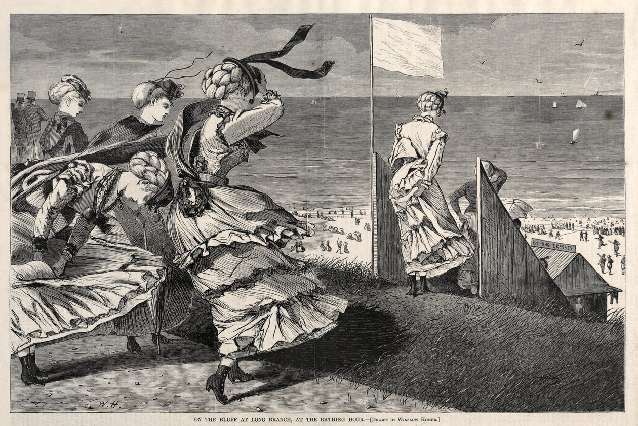 Long Branchin rantakallioilla, uintiaikaan tekijältä Winslow Homer