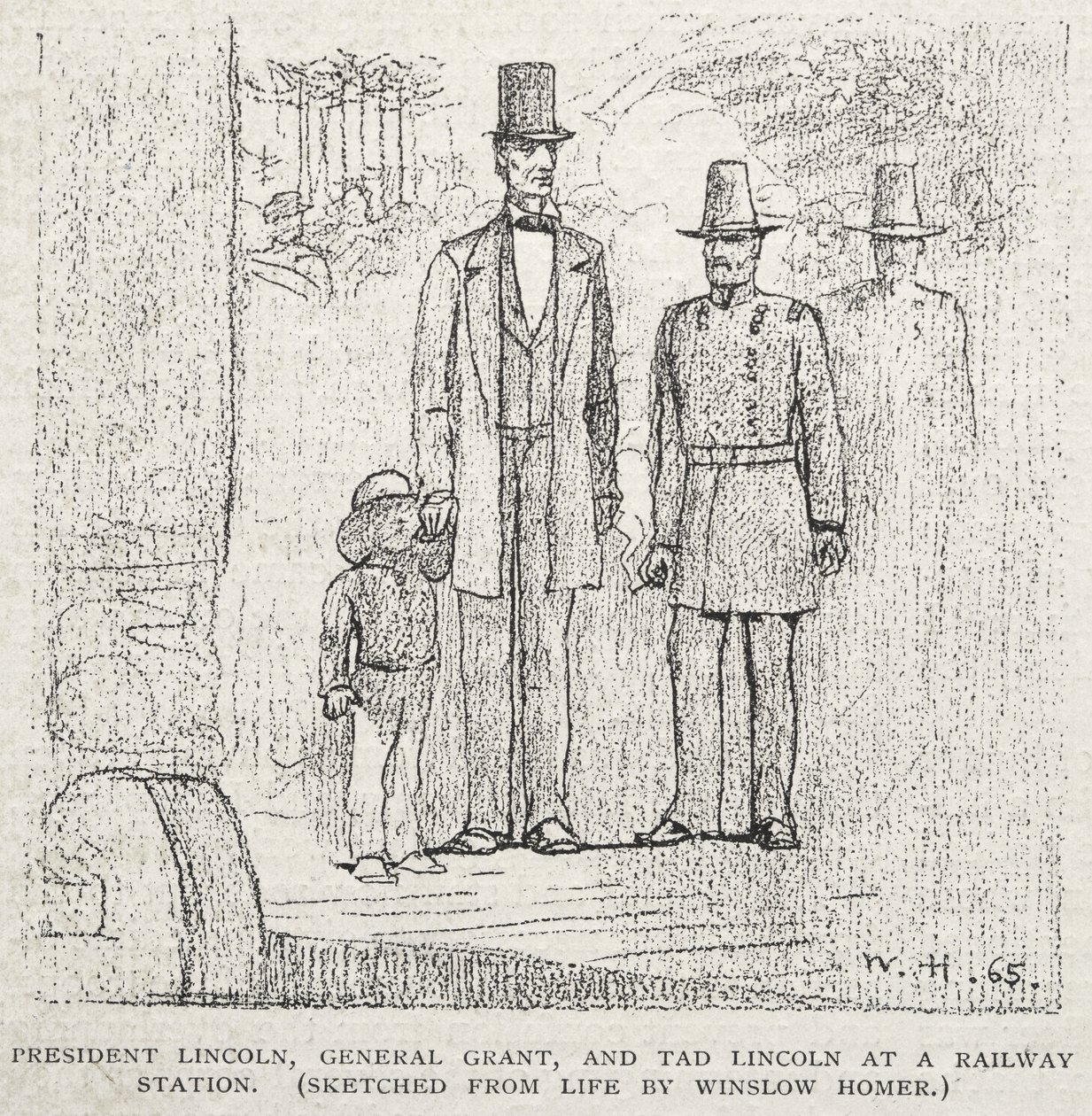 Presidentti Lincoln, kenraali Grant ja Tad Lincoln rautatieasemalla tekijältä Winslow Homer