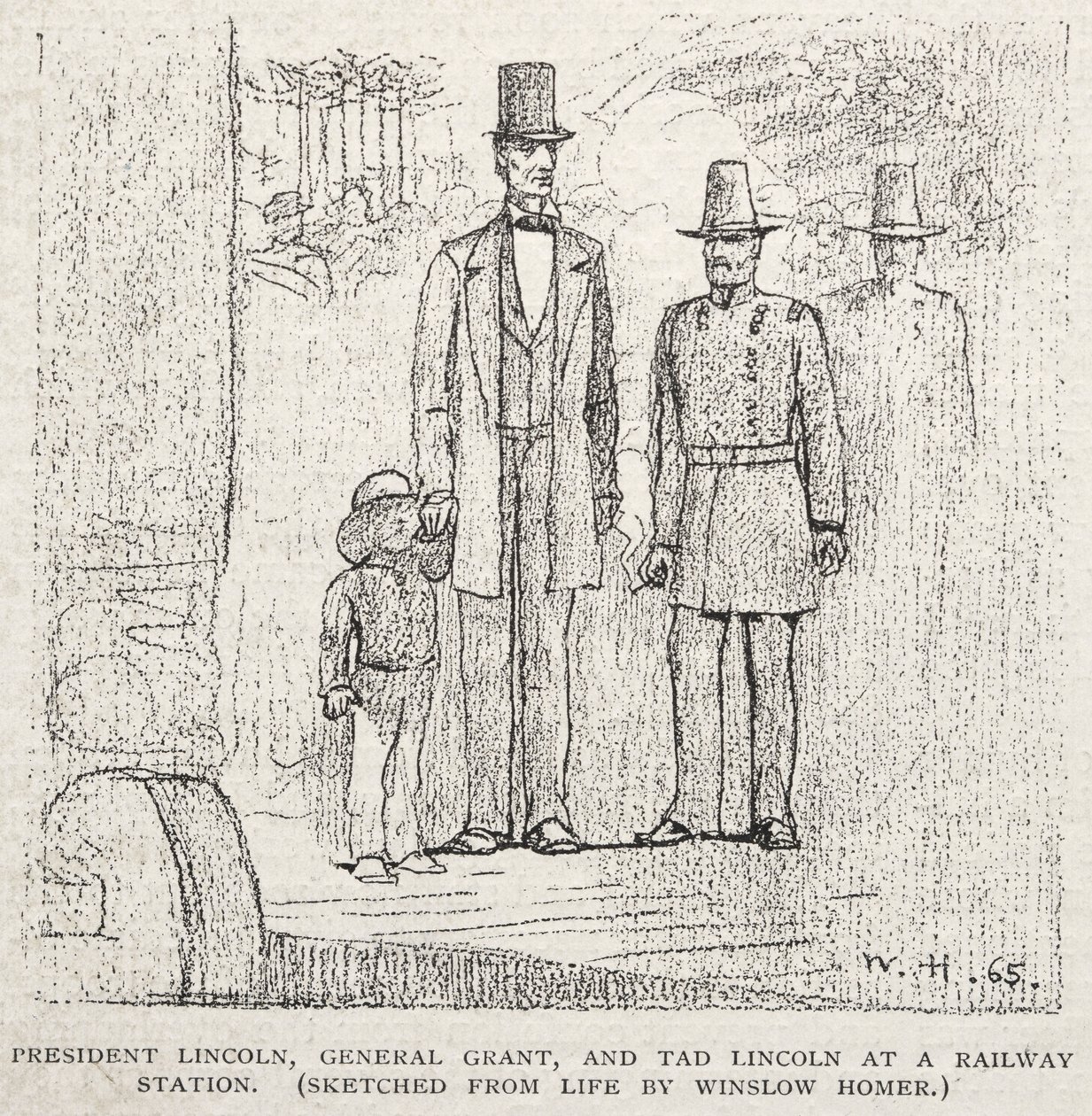 Presidentti Lincoln, kenraali Grant ja Tad Lincoln rautatieasemalla, 1887. tekijältä Winslow Homer
