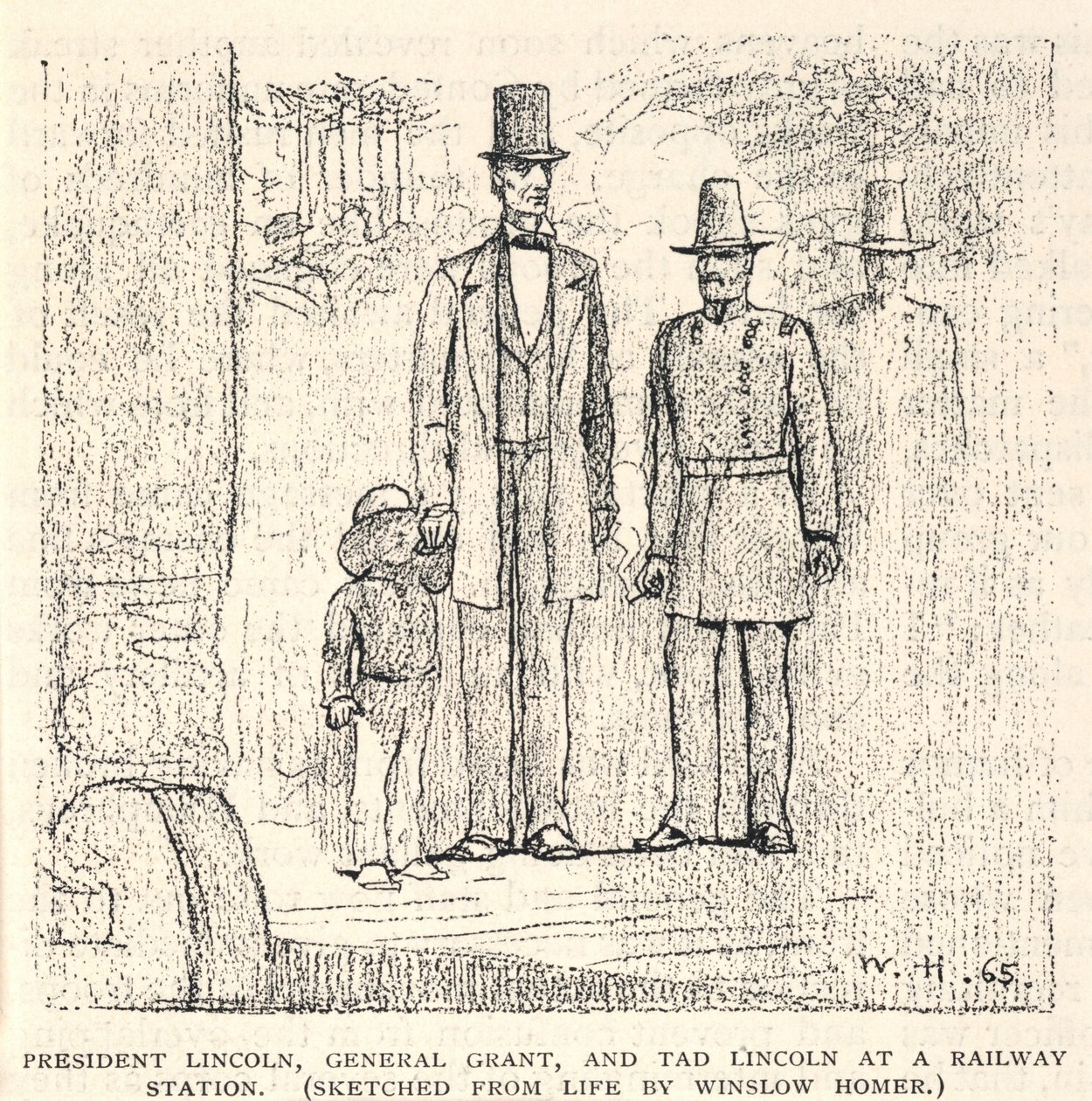 Presidentti Lincoln, kenraali Grant ja Tad Lincoln rautatieasemalla, The Century Magazine, marraskuu 1887. tekijältä Winslow Homer