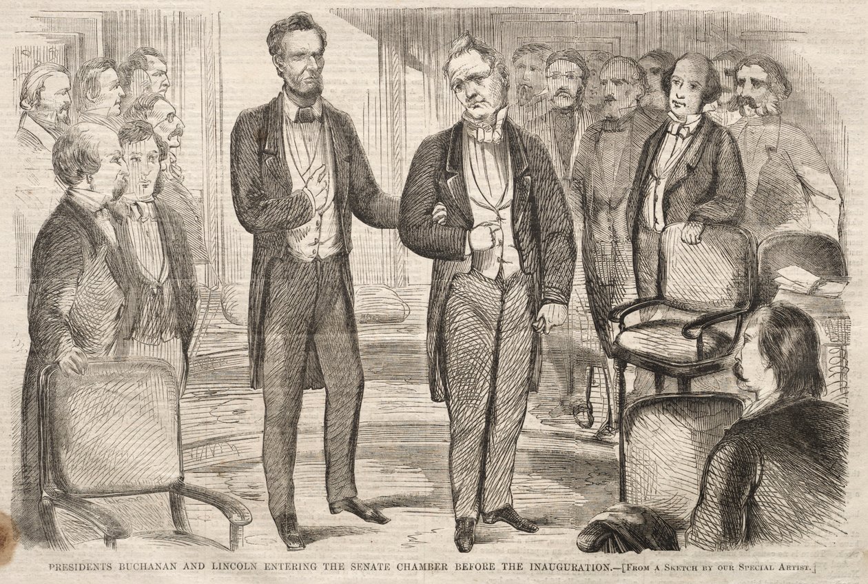 Presidentit Buchanan ja Lincoln astuvat senaatin istuntosaliin ennen virkaanastujaisia. tekijältä Winslow Homer