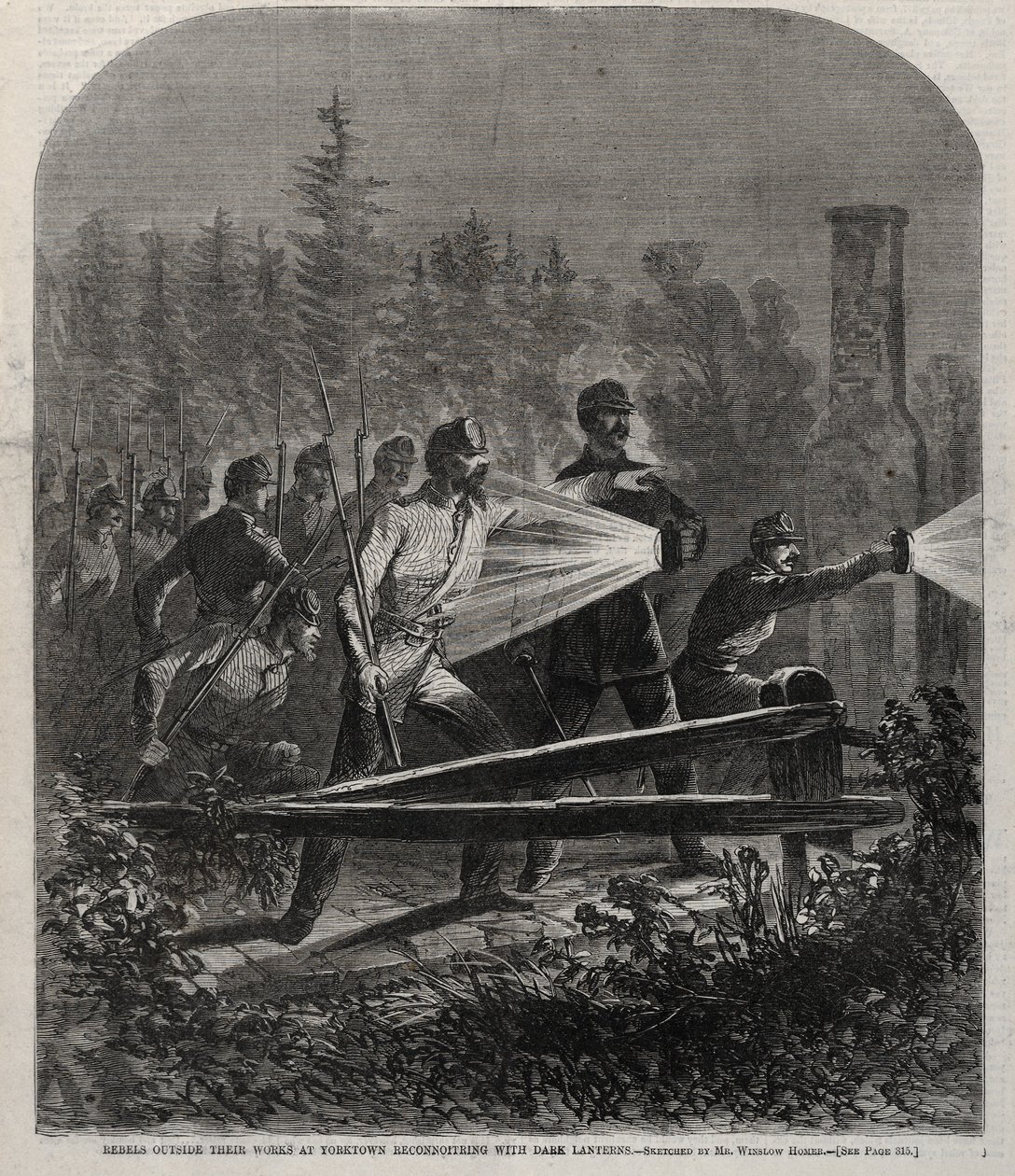 Kapinalliset työnsä ulkopuolella Yorktownissa tiedustelu tummilla lyhtyillä, 1862. tekijältä Winslow Homer