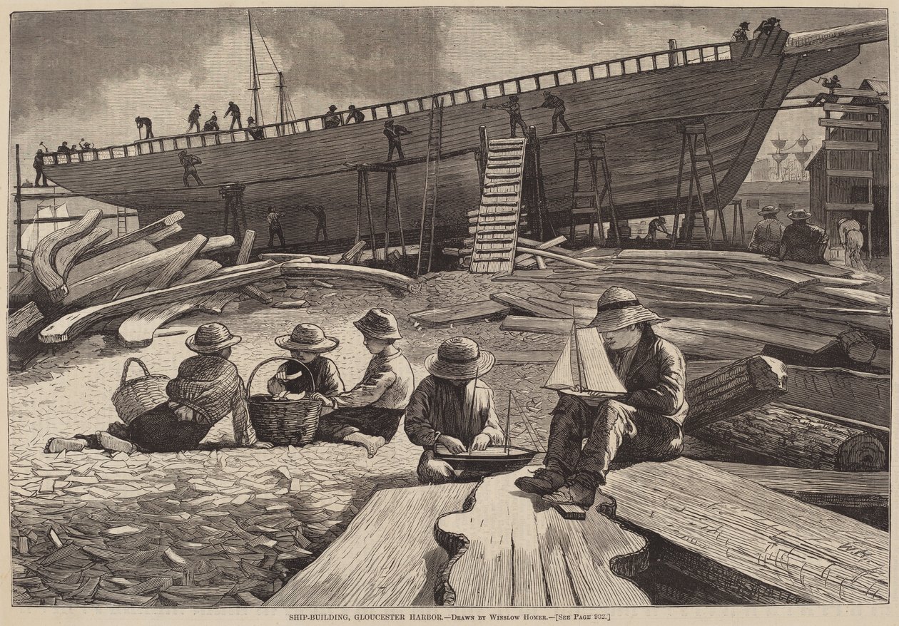 Ship-Building, Gloucesterin satama, julkaistu 1873. tekijältä Winslow Homer