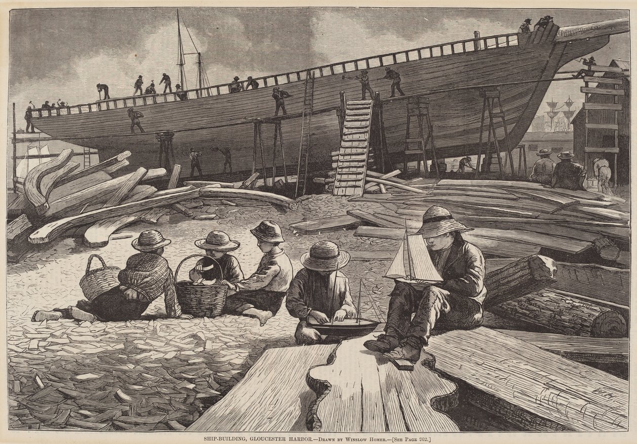 Ship-Building, Gloucesterin satama, julkaistu 1873. tekijältä Winslow Homer