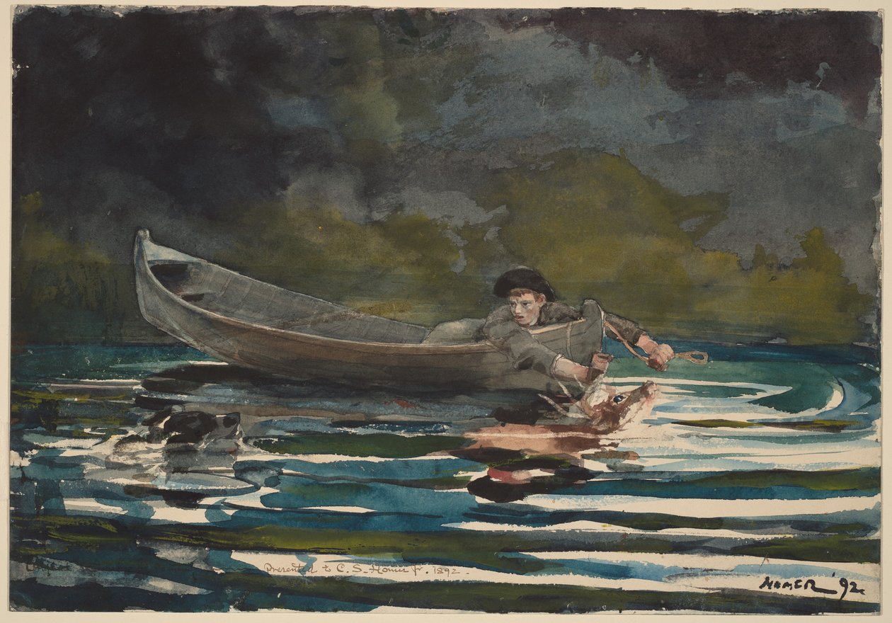 Luonnos teokseen "Ajokoira ja metsästäjä" tekijältä Winslow Homer