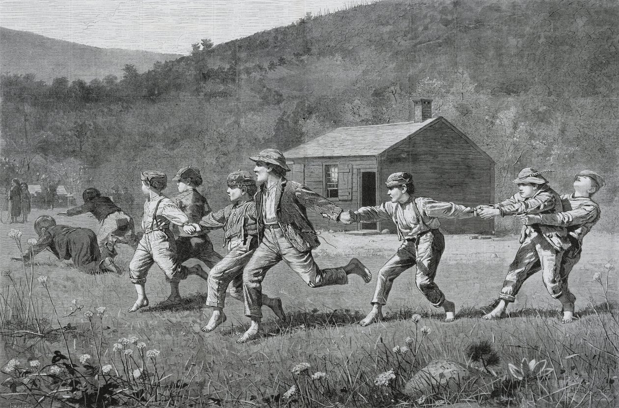 Snap-the-Whip, Harpers Weekly -lehdestä, 20. syyskuuta 1873 (puukaiverrus sanomalehtipaperille). tekijältä Winslow Homer