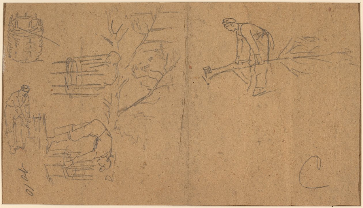 Sotilaat kaatavat taimia ja kutovat taimia koreihin [verso], 1862. tekijältä Winslow Homer