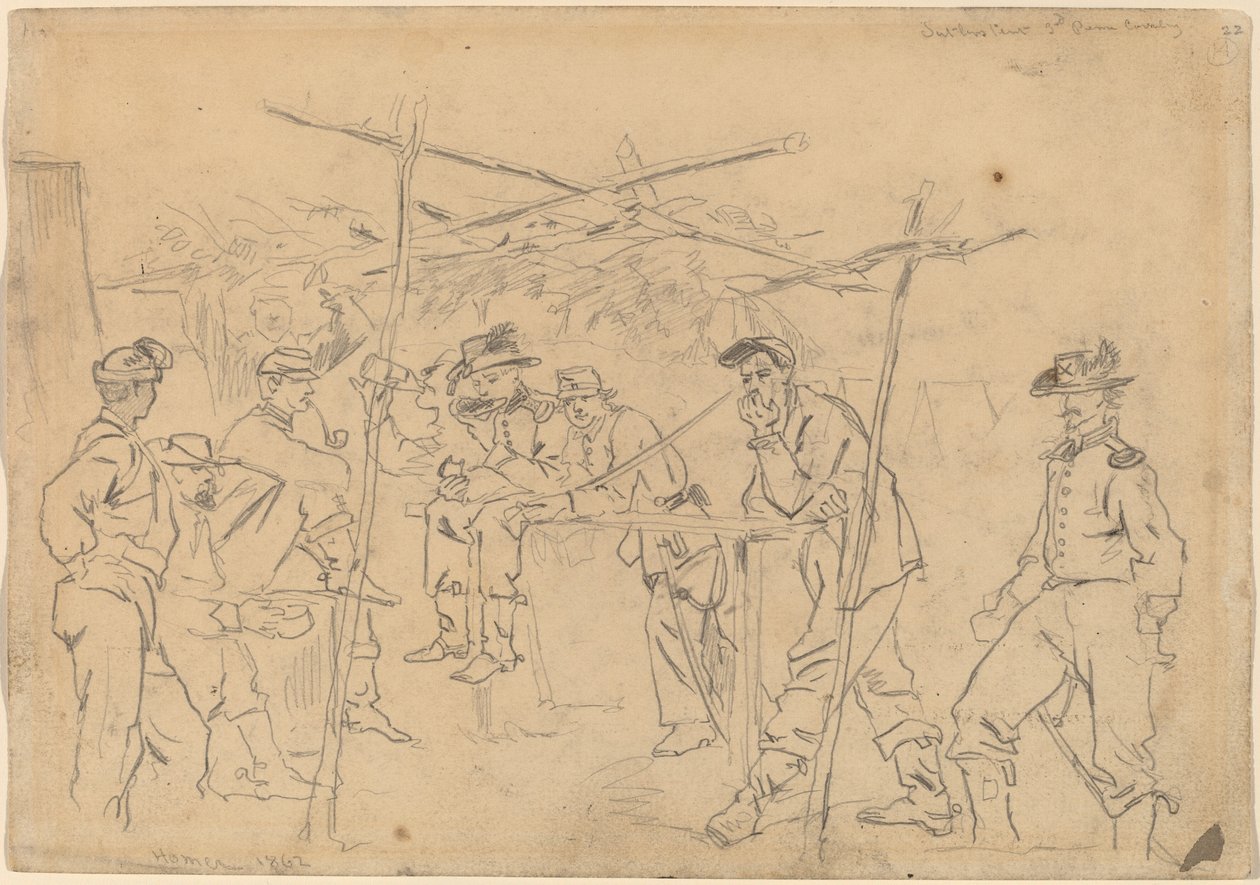 Sutlerin teltta, 3. Pennsylvania Cavalry [recto], 1862. tekijältä Winslow Homer