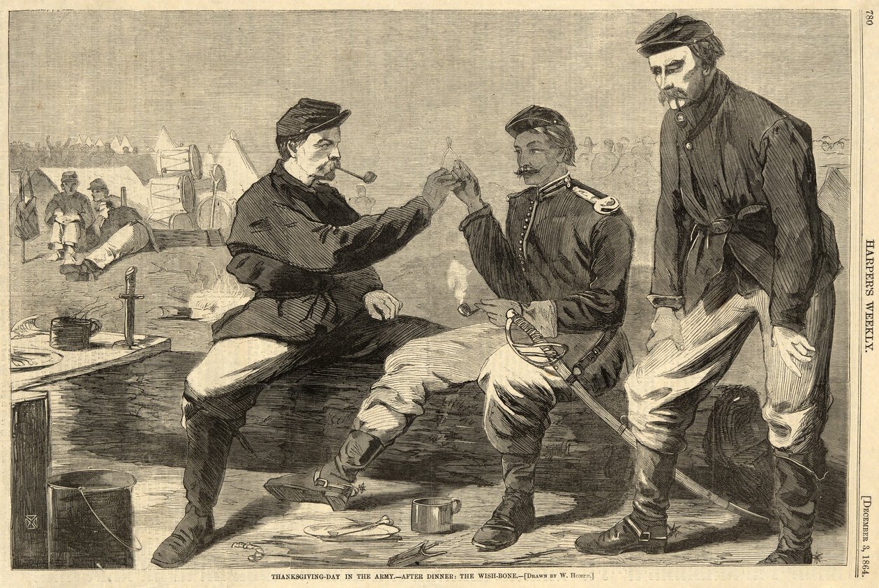 Kiitospäivä armeijassa - Päivällisen jälkeen: The WishBone, Harpers Weekly, pub. 1864 tekijältä Winslow Homer