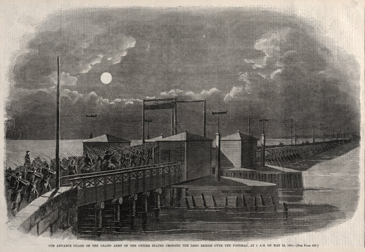 Yhdysvaltain suurarmeijan etujoukko ylittää Potomac-joen yli kulkevan Long Bridgen kello 2 aamuyöllä 24. toukokuuta 1861 tekijältä Winslow Homer