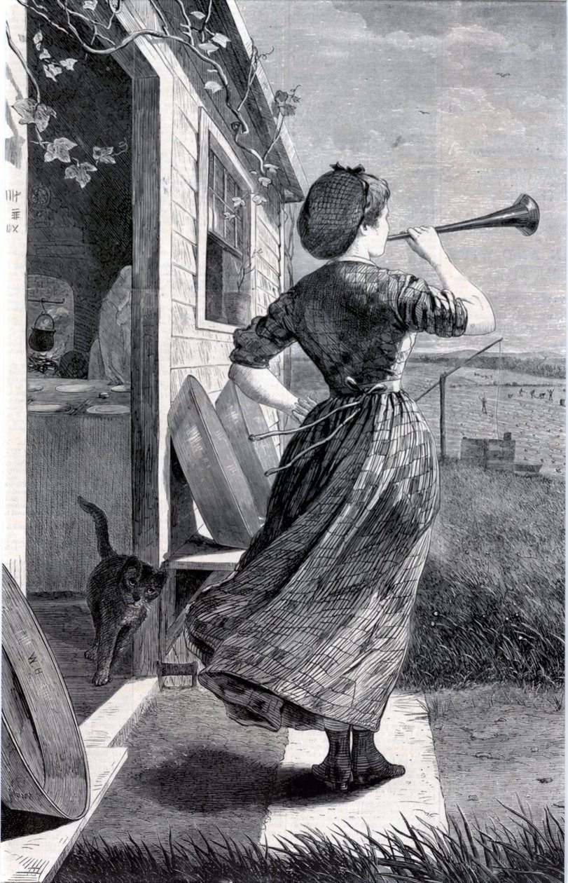 ”The Dinner Horn”, Harper’s Weekly -lehdestä, 11. kesäkuuta 1870 tekijältä Winslow Homer