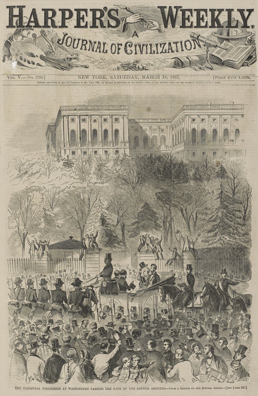 Avajaiskulkue Washingtonissa Capitol Groundin portin ohi (erikoitaiteilijamme luonnoksesta), 1861 (puukaiverrus) tekijältä Winslow Homer