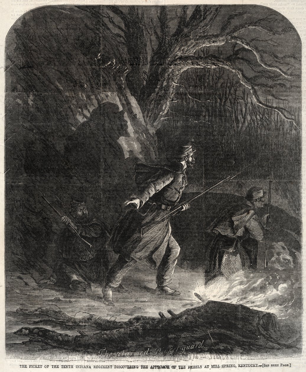 Indiana-rykmentin 10. rykmentin vartiojoukko havaitsi kapinallisten lähestymisen Mill Springissä, Kentuckyssa tekijältä Winslow Homer