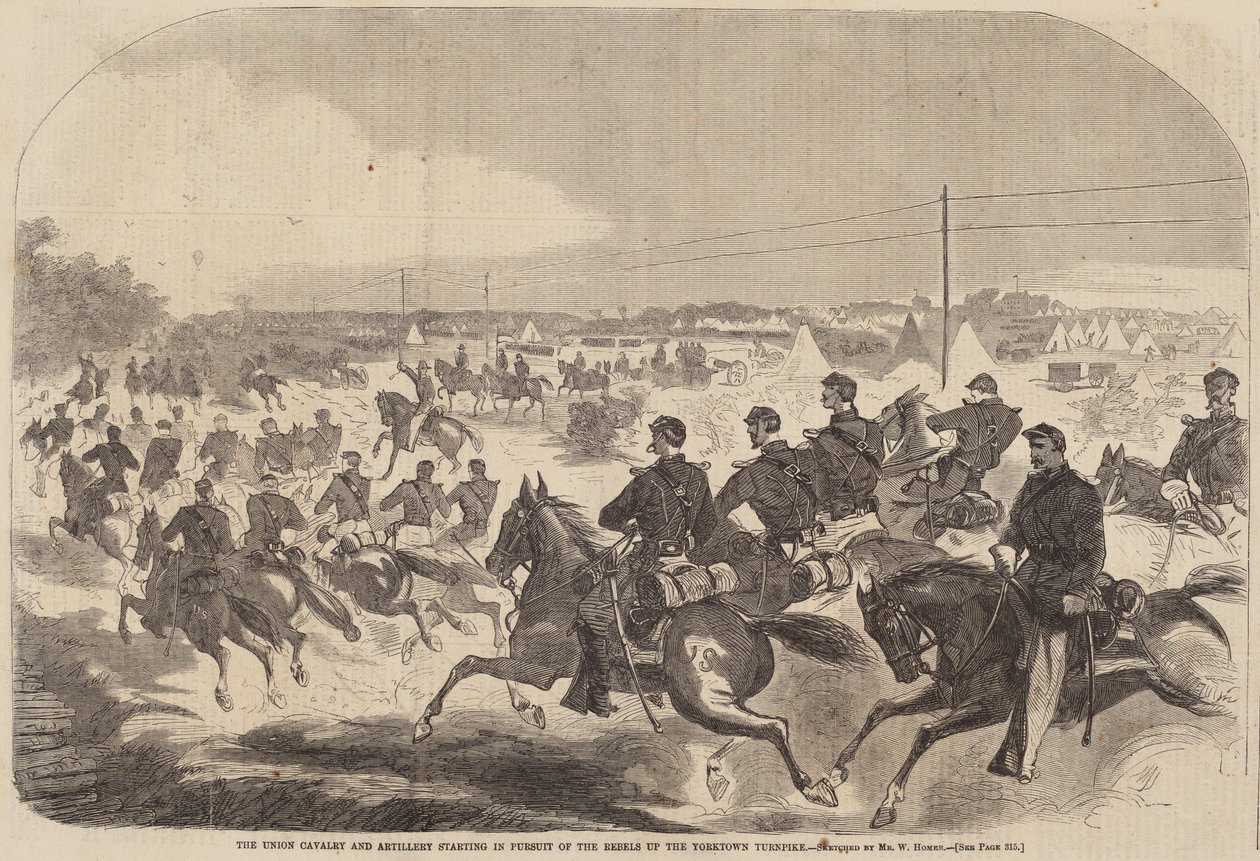 Unionin ratsuväki ja tykistö alkaa kapinallisten takaa Yorktownissa..., julkaistu 1862 tekijältä Winslow Homer