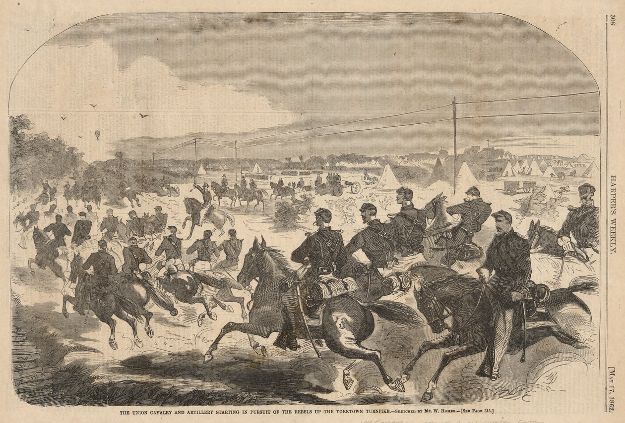 Unionin ratsuväki ja tykistö aloittamassa kapinallisten takaa-ajoa Yorktown Turnpikea pitkin Harperista tekijältä Winslow Homer